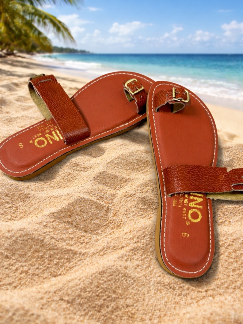NWOT KINO Brown Leather Slide Sandals with Gold Buckle